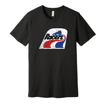 Indianapolis Racers vintage distressed logo black t-shirt featuring the classic 1970s WHA hockey team logo in a retro worn style by Hyper Than Hype Shirts.