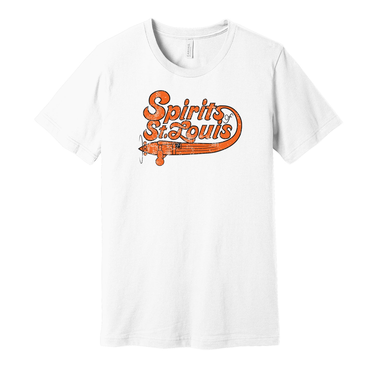 Spirits of St. Louis vintage distressed logo white t-shirt featuring the classic ABA basketball team logo in a retro worn style by Hyper Than Hype Shirts.