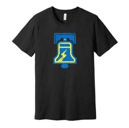 Philadelphia Bell vintage distressed logo black t-shirt featuring the classic 1970s WFL football team logo in a retro worn style by Hyper Than Hype Shirts.