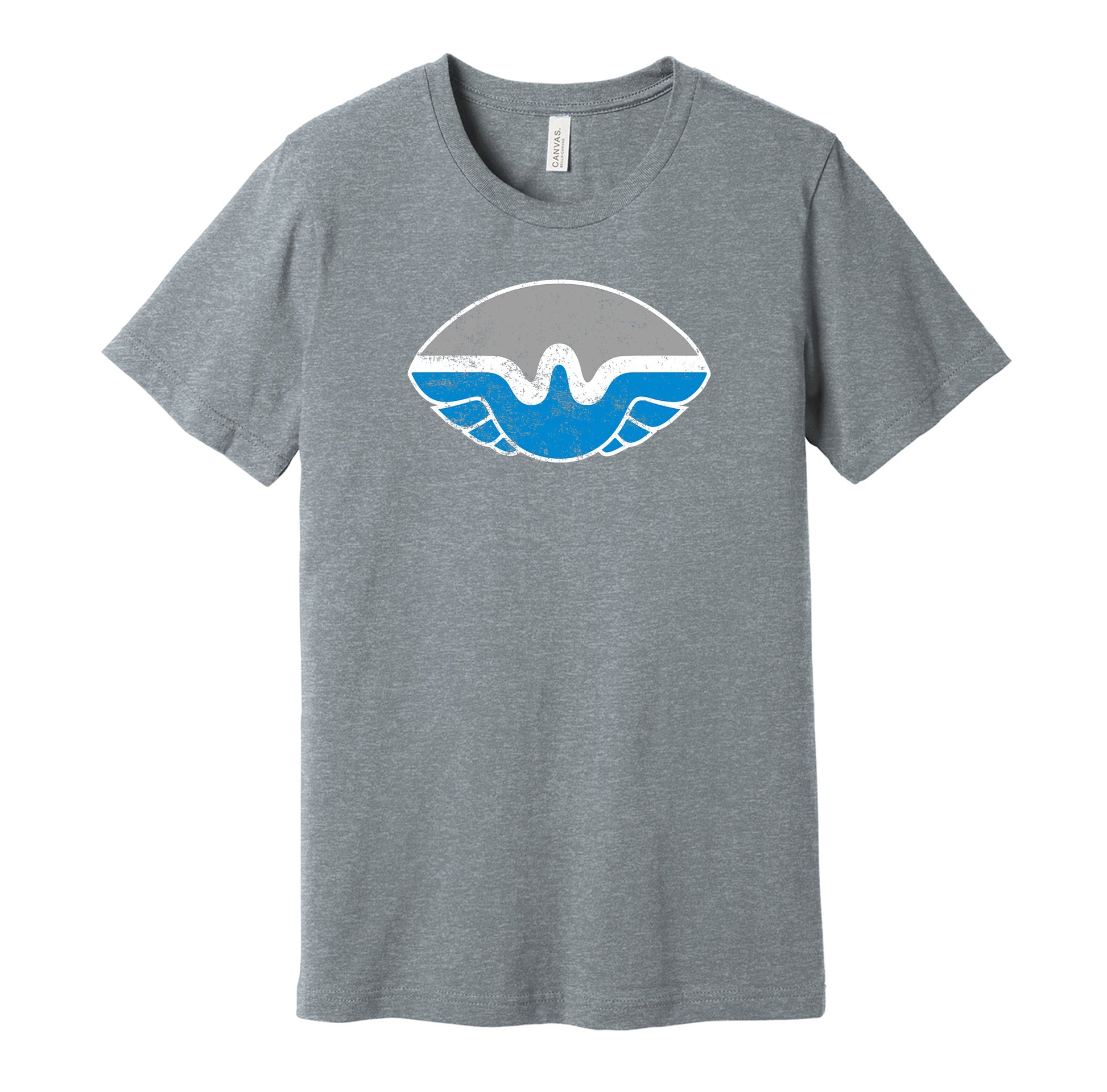 San Antonio Wings vintage distressed logo grey t-shirt featuring the classic 1970s WFL football team logo in a retro worn style by Hyper Than Hype Shirts.