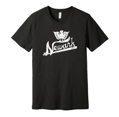 Newark Eagles vintage distressed logo black t-shirt featuring the classic Negro League baseball team logo in a retro worn style by Hyper Than Hype Shirts.