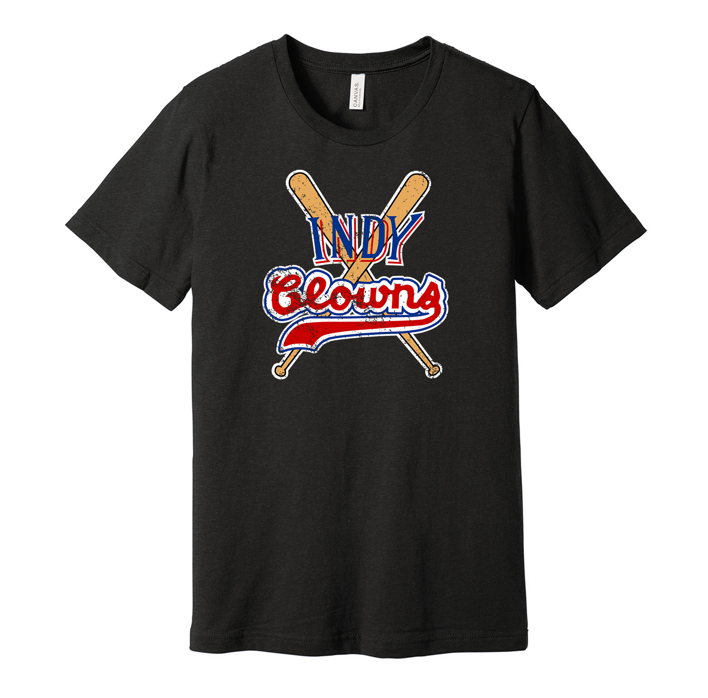 Indianapolis Clowns vintage distressed logo blackt-shirt featuring the classic Negro League baseball team logo in a retro worn style by Hyper Than Hype Shirts.