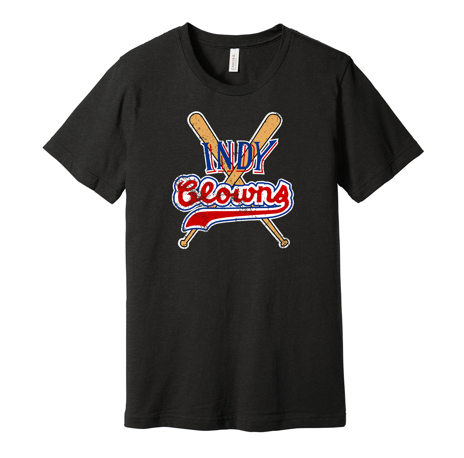 Indianapolis Clowns vintage distressed logo blackt-shirt featuring the classic Negro League baseball team logo in a retro worn style by Hyper Than Hype Shirts.