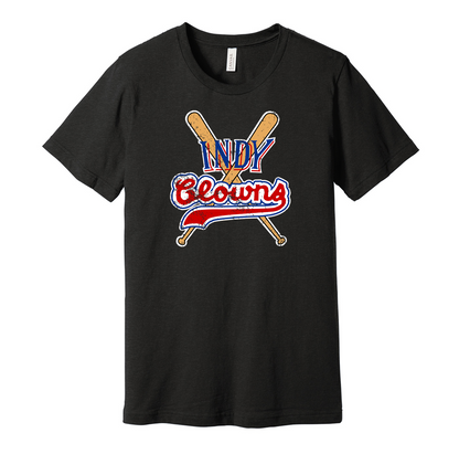 Indianapolis Clowns vintage distressed logo blackt-shirt featuring the classic Negro League baseball team logo in a retro worn style by Hyper Than Hype Shirts.