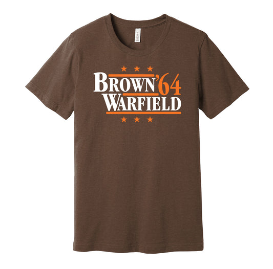 Cleveland Browns retro political campaign parody brown t-shirt featuring Jim Brown and Paul Warfield '64, designed in a vintage election style by Hyper Than Hype Shirts.
