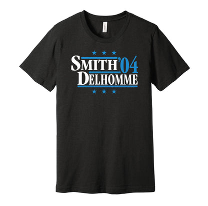 Carolina Panthers retro political campaign parody black t-shirt featuring Steve Smith and Jake Delhomme '04, designed in a vintage election style by Hyper Than Hype Shirts.