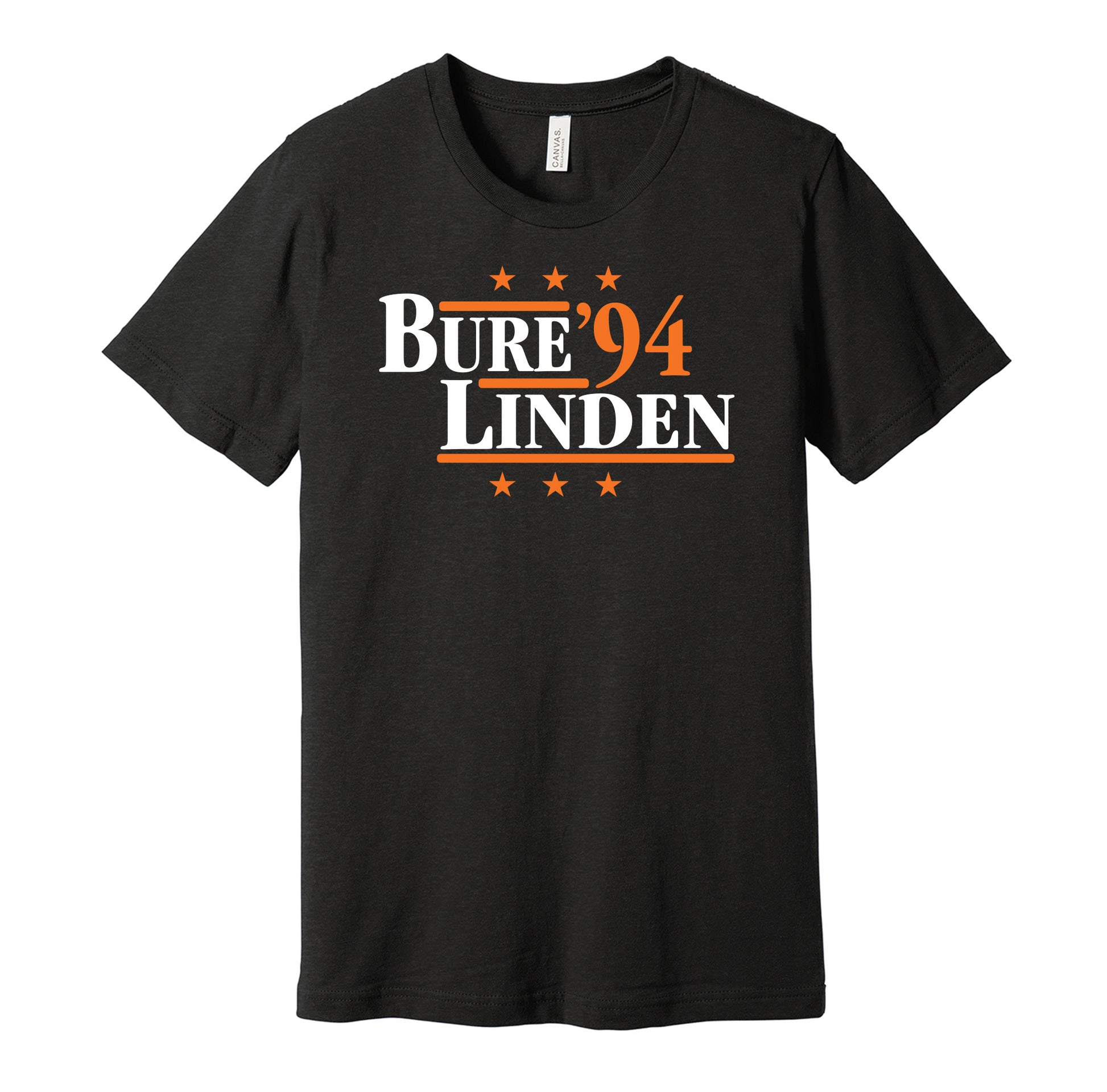 Vancouver Canucks retro political campaign parody black t-shirt featuring Pavel Bure and Trevor Linden '94, designed in a vintage election style by Hyper Than Hype Shirts.