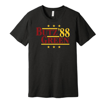 Washington Commanders retro political campaign parody black t-shirt featuring Dave Butz and Darrell Green '88, designed in a vintage election style by Hyper Than Hype Shirts.