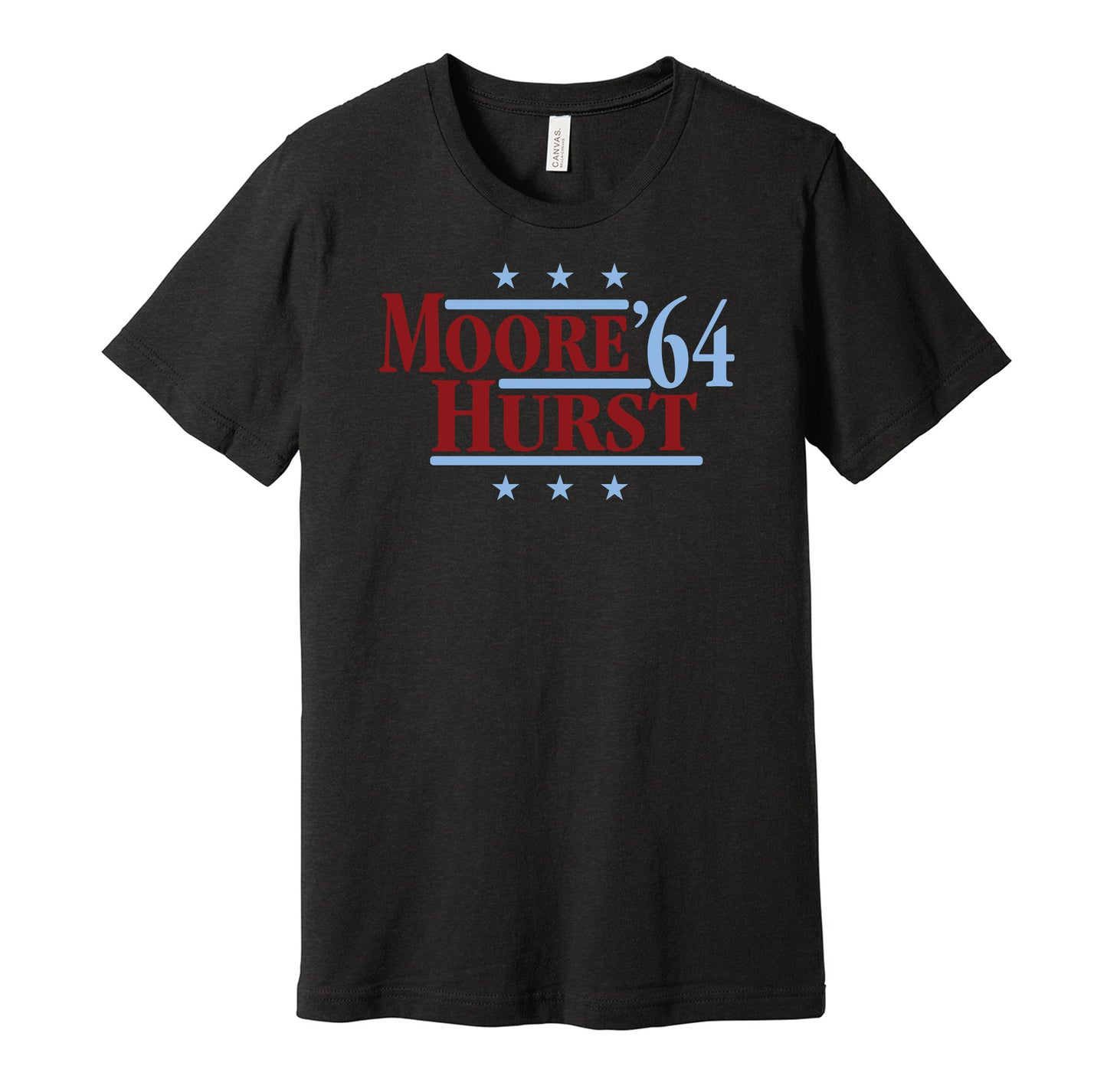 West Ham United retro political campaign parody black t-shirt featuring Bobby Moore and Geoff Hurst '64, designed in a vintage election style by Hyper Than Hype Shirts.