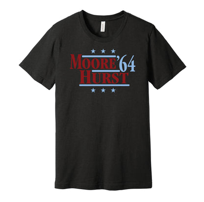 West Ham United retro political campaign parody black t-shirt featuring Bobby Moore and Geoff Hurst '64, designed in a vintage election style by Hyper Than Hype Shirts.