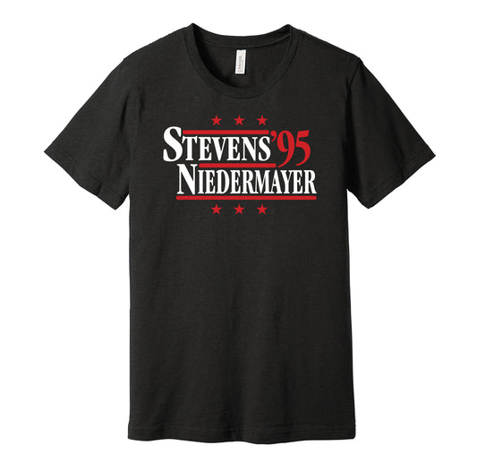 New Jersey Devils retro political campaign parody black t-shirt featuring Scott Stevens and Scott Niedermayer '95, designed in a vintage election style by Hyper Than Hype Shirts.