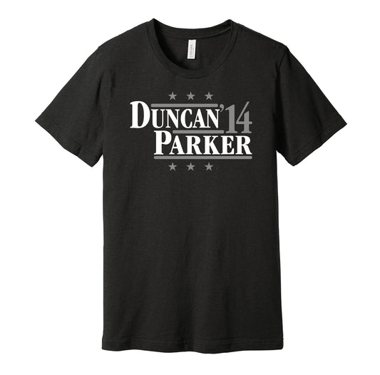 San Antonio Spurs retro political campaign parody black t-shirt featuring Tim Duncan and Tony Parker '14, designed in a vintage election style by Hyper Than Hype Shirts.