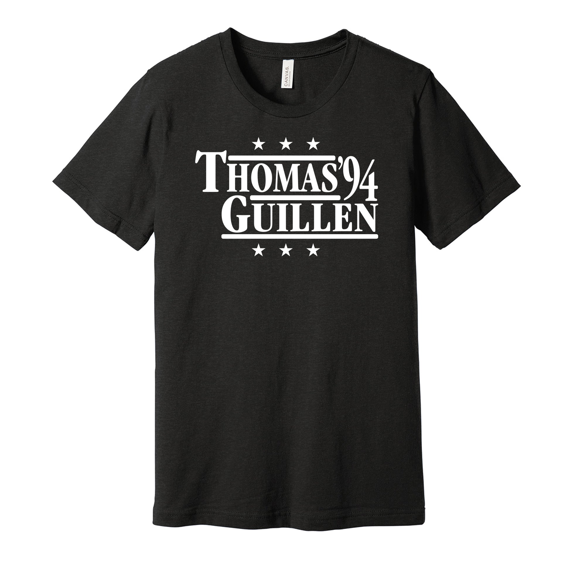 Chicago White Sox retro political campaign parody black t-shirt featuring Frank Thomas and Ozzie Guillen '94, designed in a vintage election style by Hyper Than Hype Shirts.