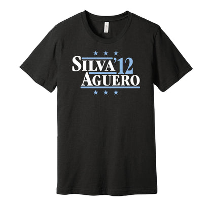 Manchester City retro political campaign parody black t-shirt featuring David Silva and Sergio Aguero '12, designed in a vintage election style by Hyper Than Hype Shirts.