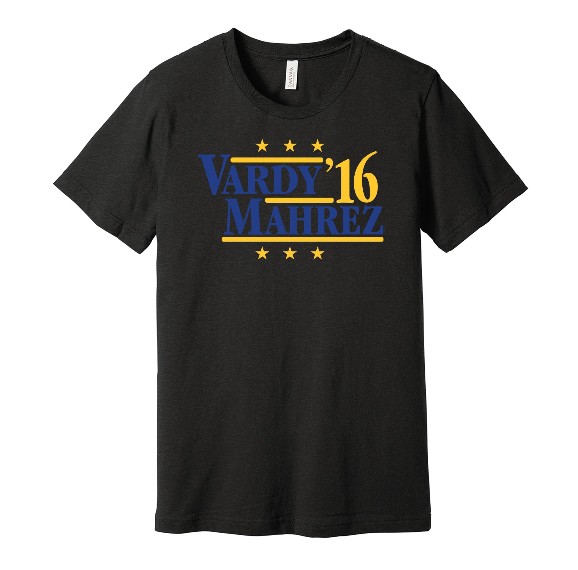 Leicester City retro political campaign parody black t-shirt featuring Jamie Vardy and Riyad Mahrez '16, designed in a vintage election style by Hyper Than Hype Shirts.