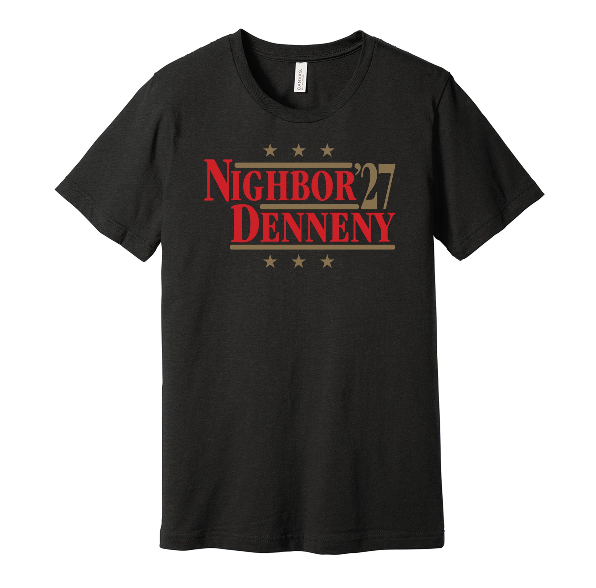 Ottawa Senators retro political campaign parody black t-shirt featuring Frank Nighbor and Cy Denneny '27, designed in a vintage election style by Hyper Than Hype Shirts.