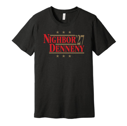 Ottawa Senators retro political campaign parody black t-shirt featuring Frank Nighbor and Cy Denneny '27, designed in a vintage election style by Hyper Than Hype Shirts.