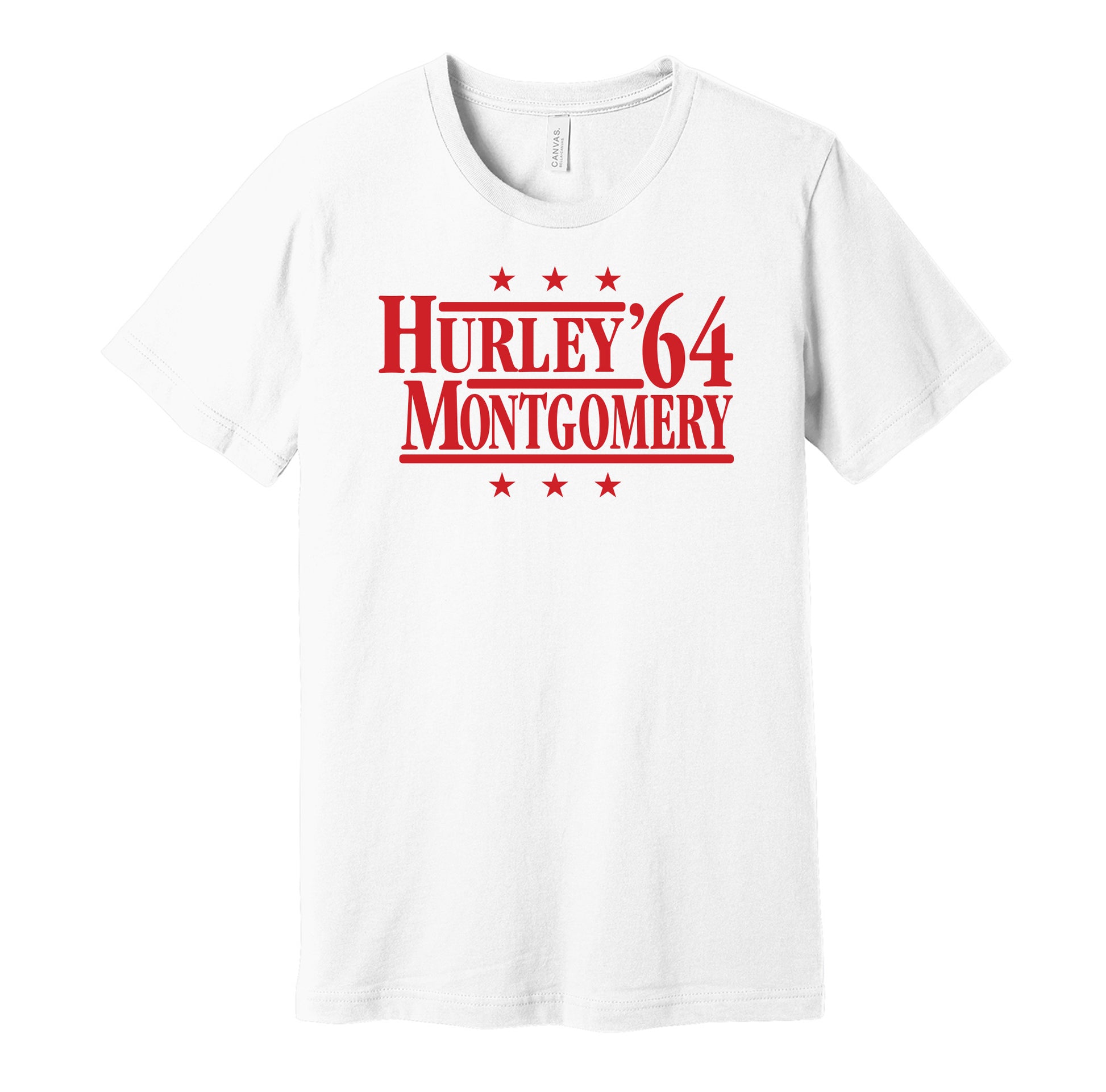 Sunderland retro political campaign parody white t-shirt featuring Charlie Hurley and Jim Montgomery '84, designed in a vintage election style by Hyper Than Hype Shirts.