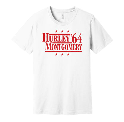 Sunderland retro political campaign parody white t-shirt featuring Charlie Hurley and Jim Montgomery '84, designed in a vintage election style by Hyper Than Hype Shirts.