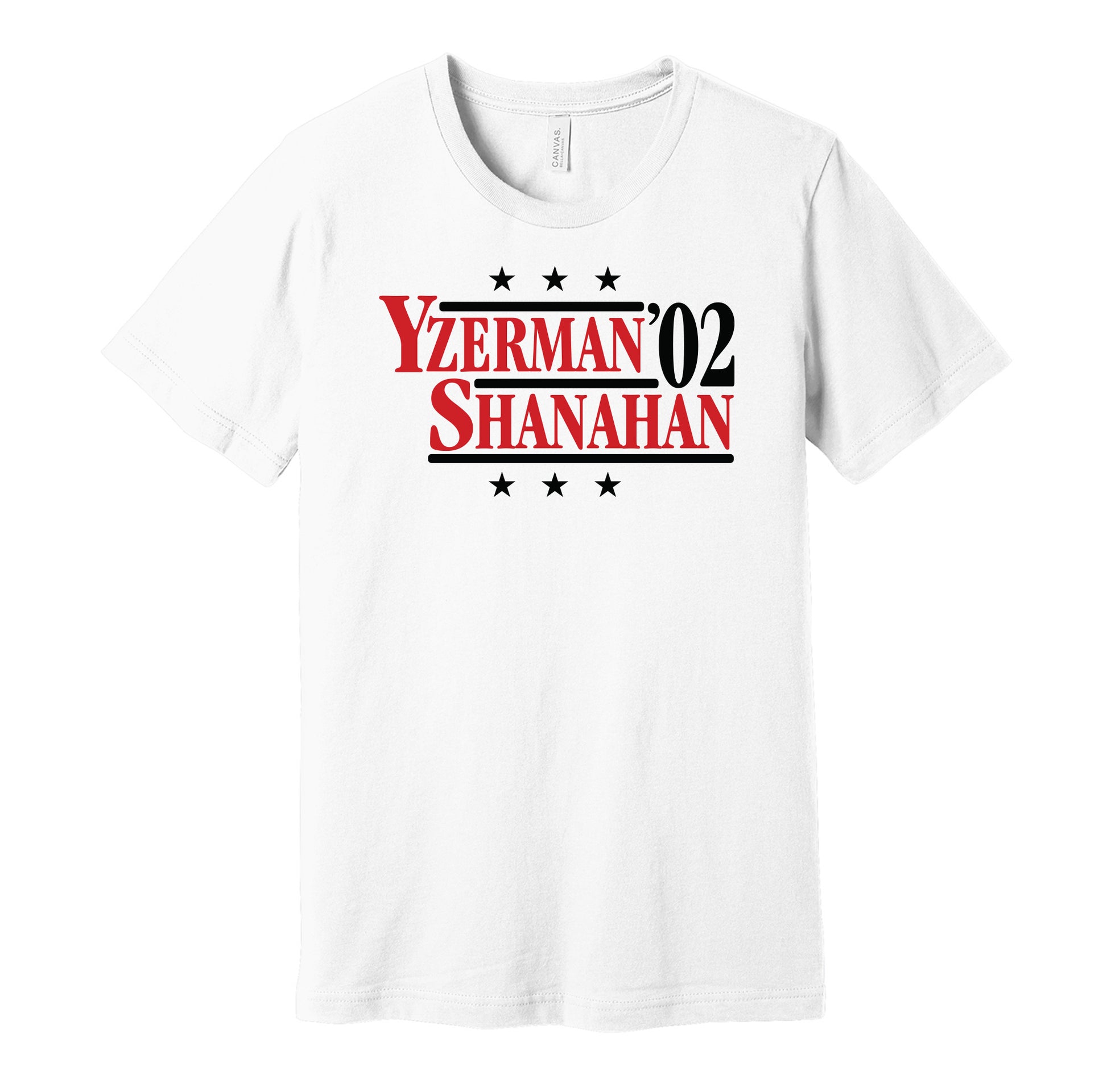 Detroit Red Wings retro political campaign parody white t-shirt featuring Steve Yzerman and Brendan Shanahan '02, designed in a vintage election style by Hyper Than Hype Shirts.