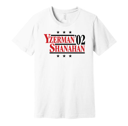 Detroit Red Wings retro political campaign parody white t-shirt featuring Steve Yzerman and Brendan Shanahan '02, designed in a vintage election style by Hyper Than Hype Shirts.