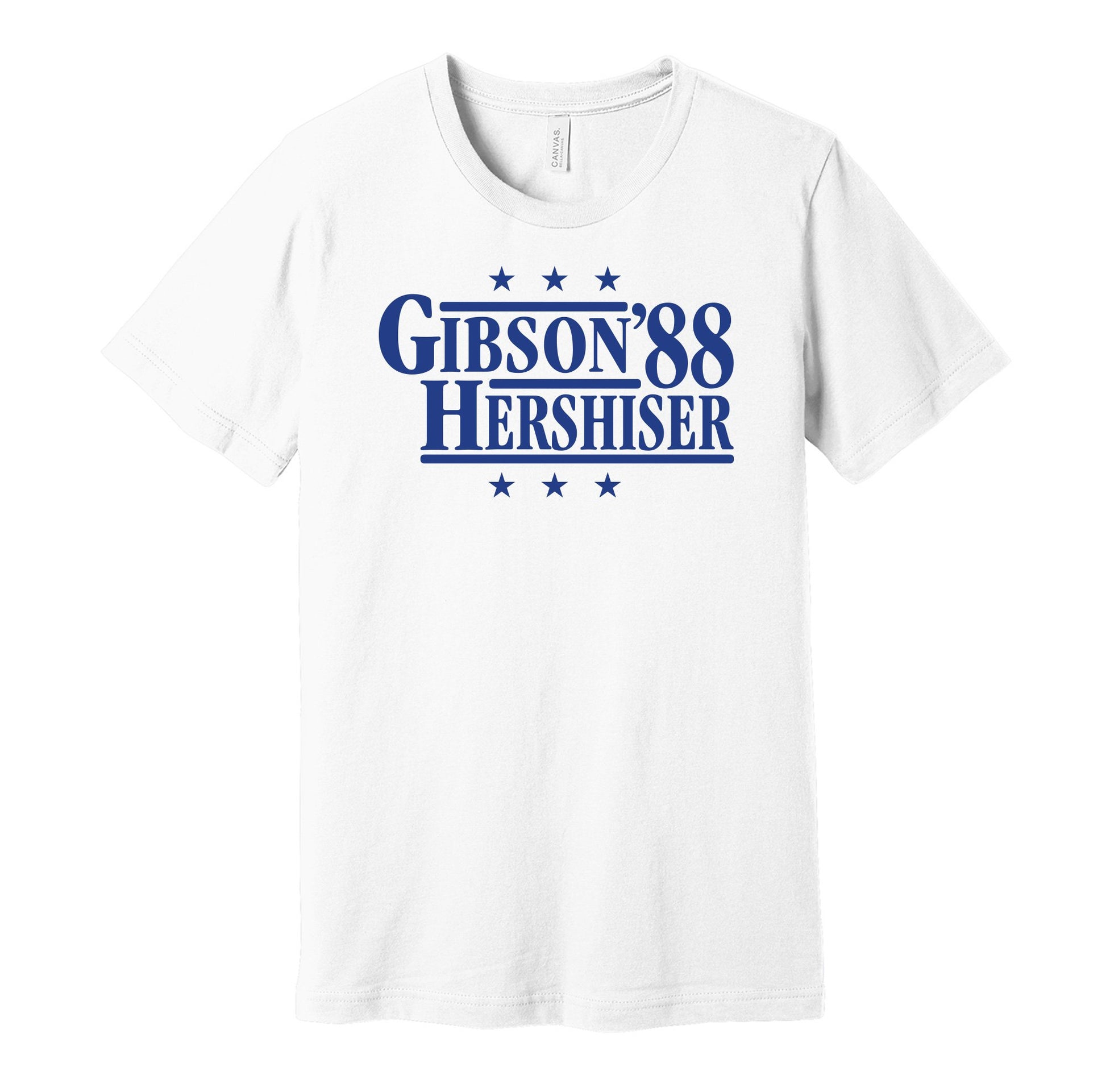 Los Angeles Dodgers retro political campaign parody white t-shirt featuring Kirk Gibson and Orel Hershiser '88, designed in a vintage election style by Hyper Than Hype Shirts.