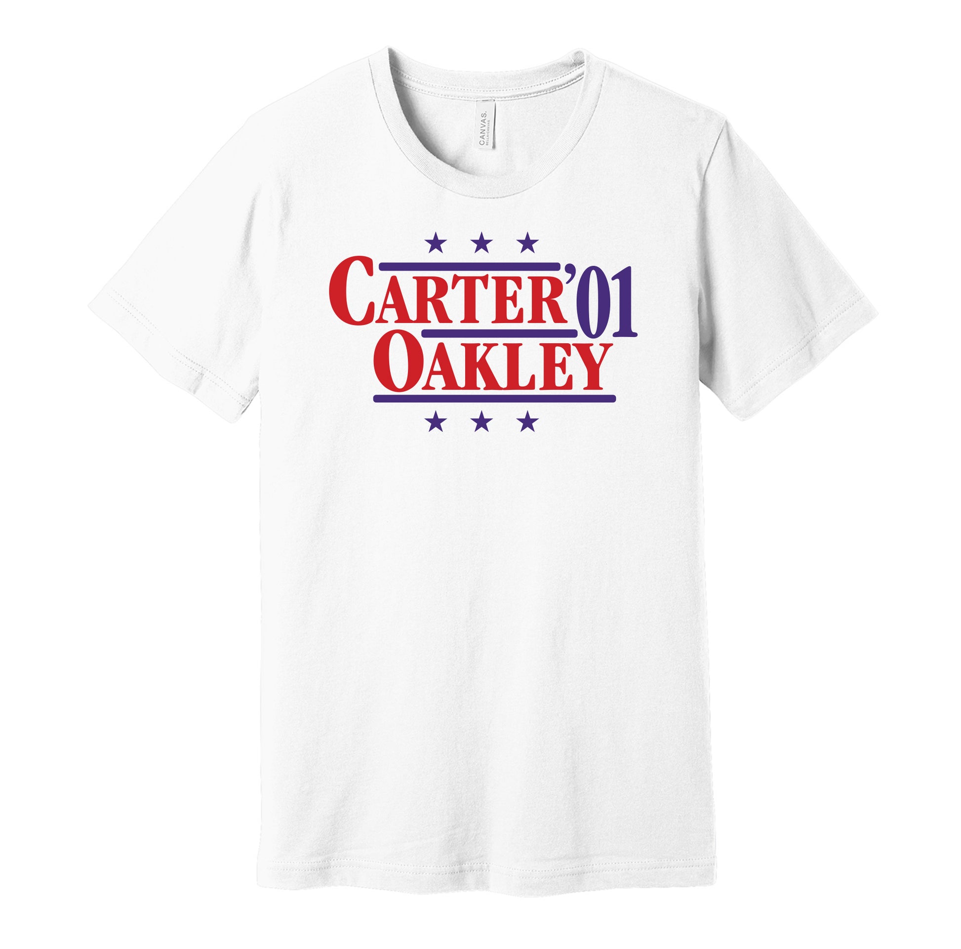 Toronto Raptors retro political campaign parody white t-shirt featuring Vince Carter and Charles Oakley '01, designed in a vintage election style by Hyper Than Hype Shirts.