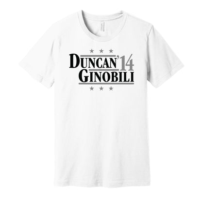 San Antonio Spurs retro political campaign parody white t-shirt featuring Tim Duncan and Manu Ginobili '14, designed in a vintage election style by Hyper Than Hype Shirts.