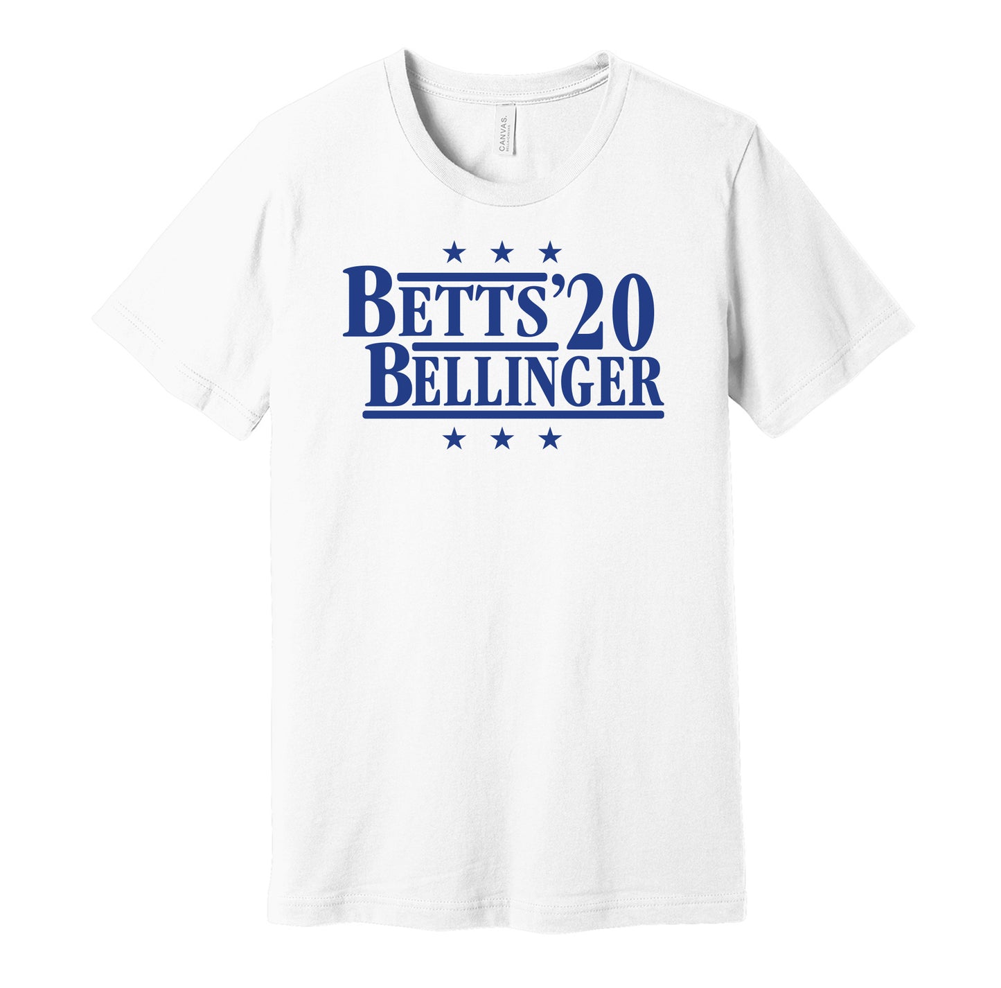Los Angeles Dodgers retro political campaign parody white t-shirt featuring Mookie Betts and Cody Bellinger '20, designed in a vintage election style by Hyper Than Hype Shirts.