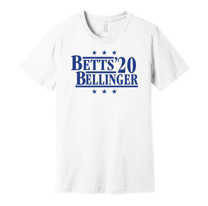 Los Angeles Dodgers retro political campaign parody white t-shirt featuring Mookie Betts and Cody Bellinger '20, designed in a vintage election style by Hyper Than Hype Shirts.