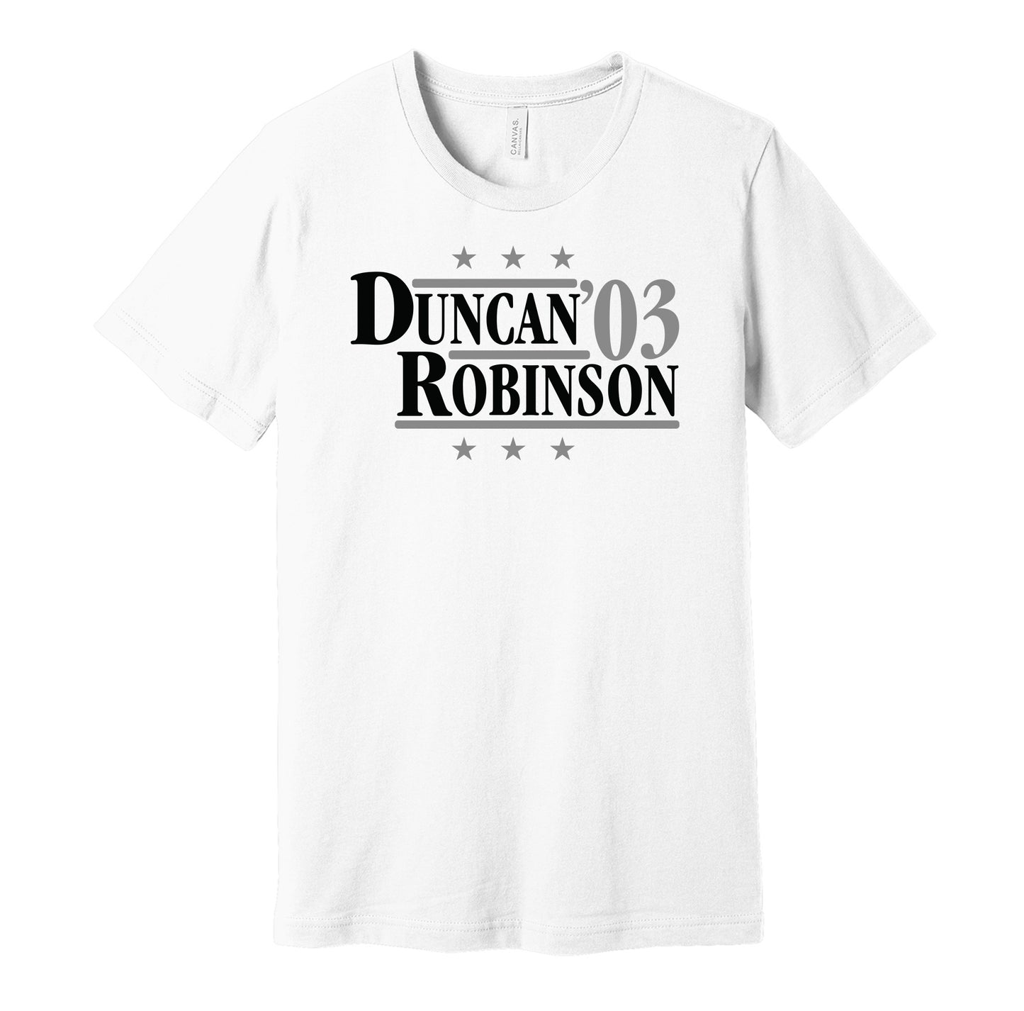 San Antonio Spurs retro political campaign parody white t-shirt featuring Tim Duncan and David Robinson '03, designed in a vintage election style by Hyper Than Hype Shirts.