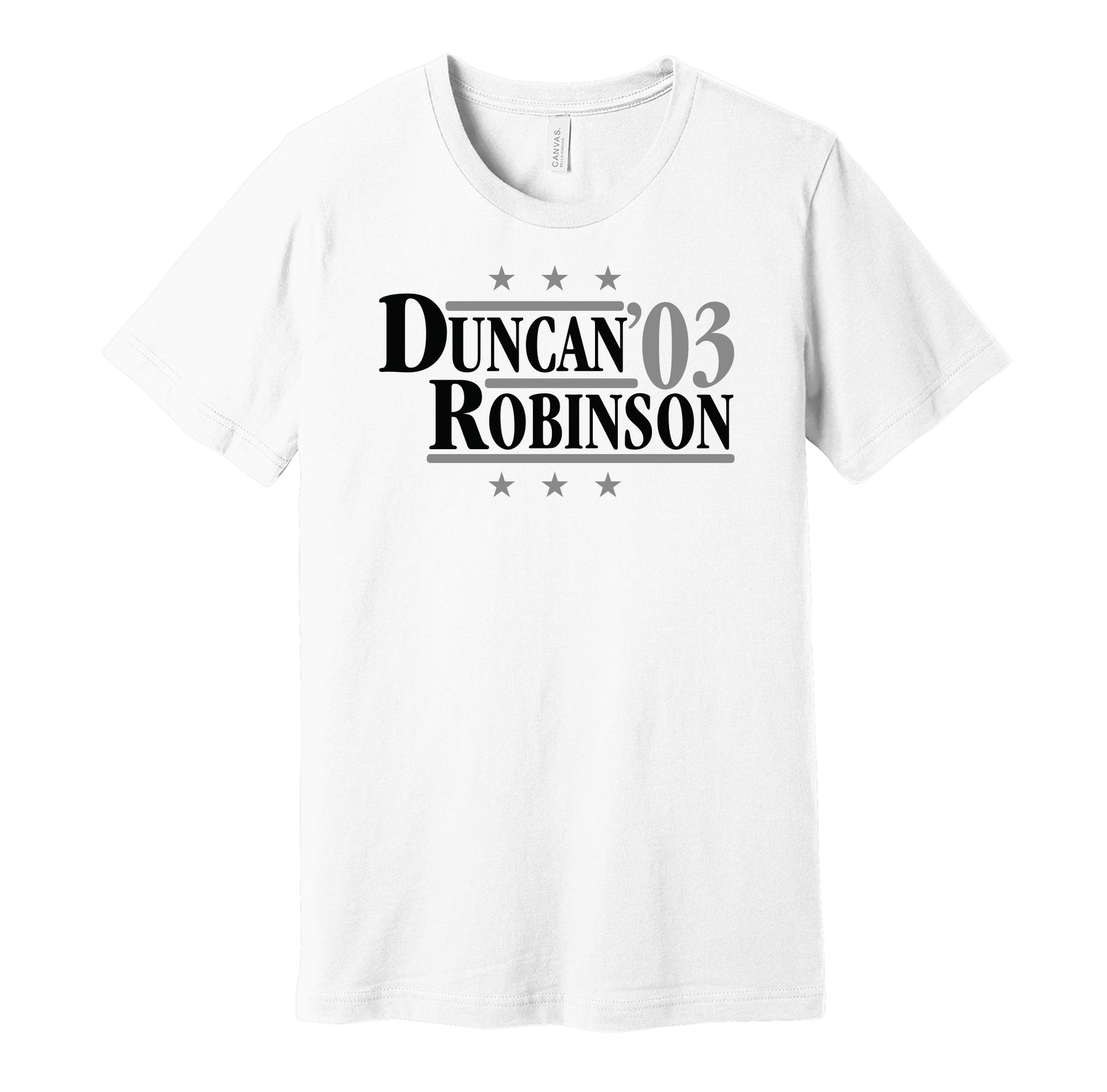 San Antonio Spurs retro political campaign parody white t-shirt featuring Tim Duncan and David Robinson '03, designed in a vintage election style by Hyper Than Hype Shirts.