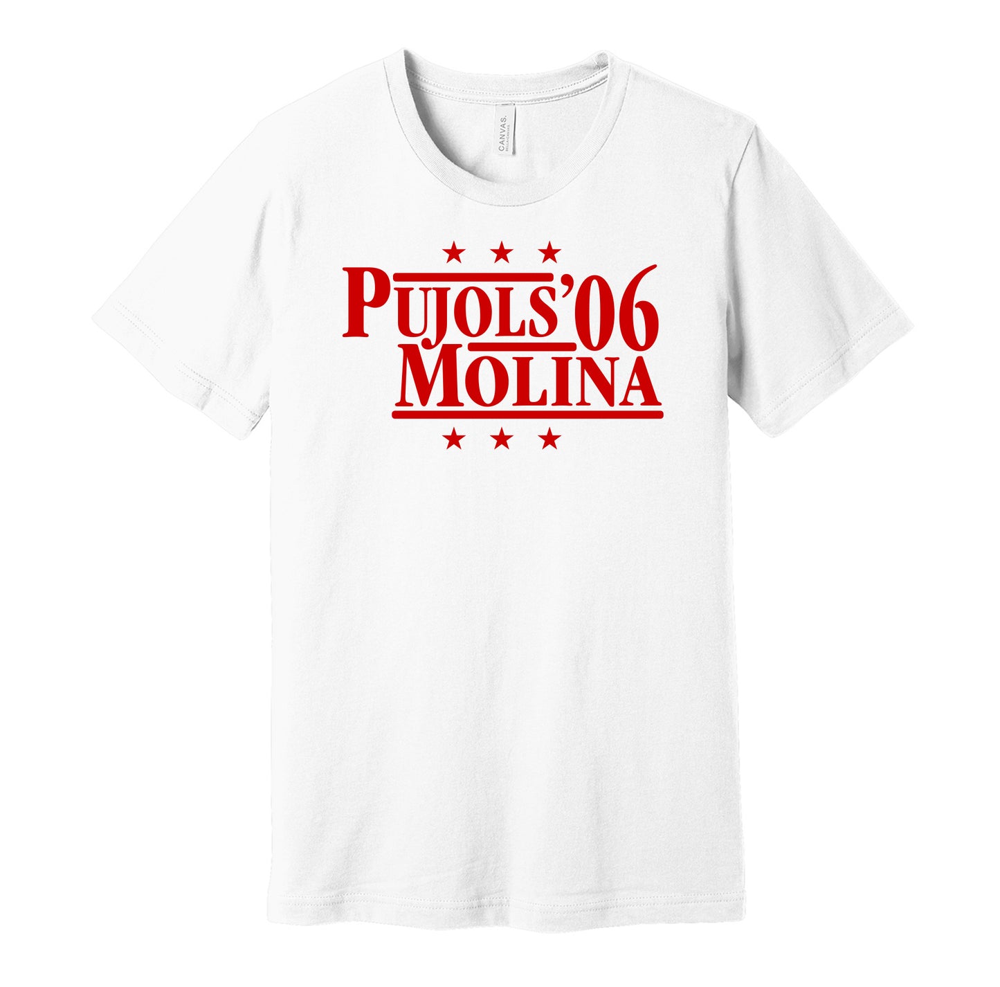 St. Louis Cardinals retro political campaign parody white t-shirt featuring Albert Pujols and Yadier Molina '06, designed in a vintage election style by Hyper Than Hype Shirts.