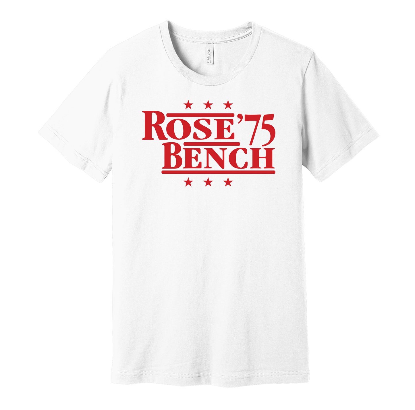 Cincinnati Reds retro political campaign parody white t-shirt featuring Pete Rose and Johnny Bench '75, designed in a vintage election style by Hyper Than Hype Shirts.