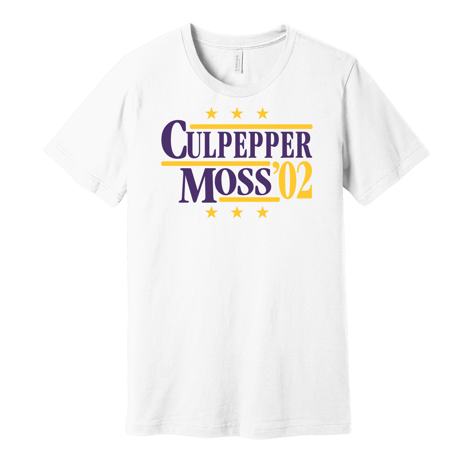 Minnesota Vikings retro political campaign parody white t-shirt featuring Daunte Culpepper and Randy Moss '02, designed in a vintage election style by Hyper Than Hype Shirts.