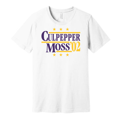 Minnesota Vikings retro political campaign parody white t-shirt featuring Daunte Culpepper and Randy Moss '02, designed in a vintage election style by Hyper Than Hype Shirts.