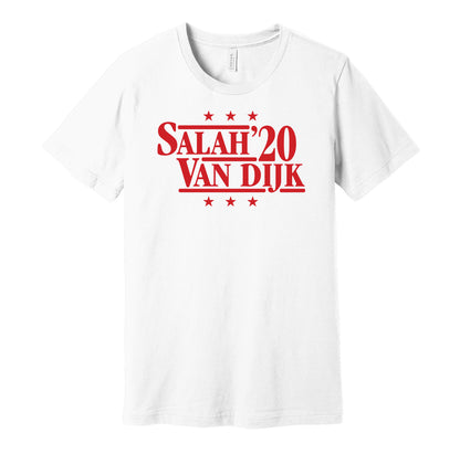 Liverpool retro political campaign parody white t-shirt featuring Mohamed Salah and Virgil van Dijk '20, designed in a vintage election style by Hyper Than Hype Shirts.