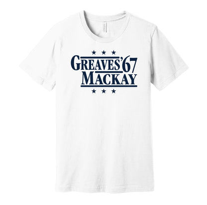 Tottenham Hotspur retro political campaign parody white t-shirt featuring Jimmy Greaves and Dave Mackay '67, designed in a vintage election style by Hyper Than Hype Shirts.