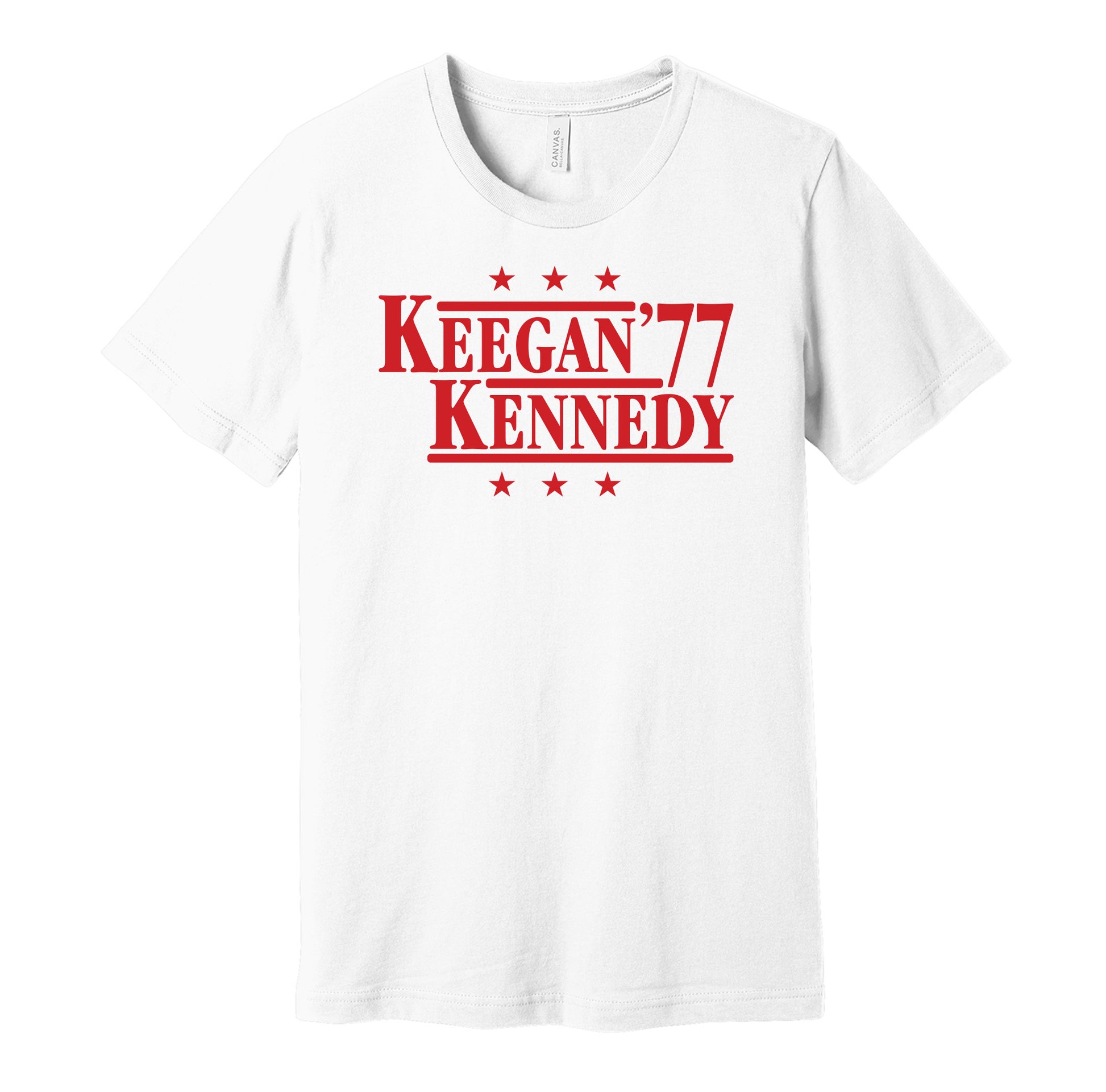 Liverpool retro political campaign parody white t-shirt featuring Kevin Keegan and Ray Kennedy '77, designed in a vintage election style by Hyper Than Hype Shirts.