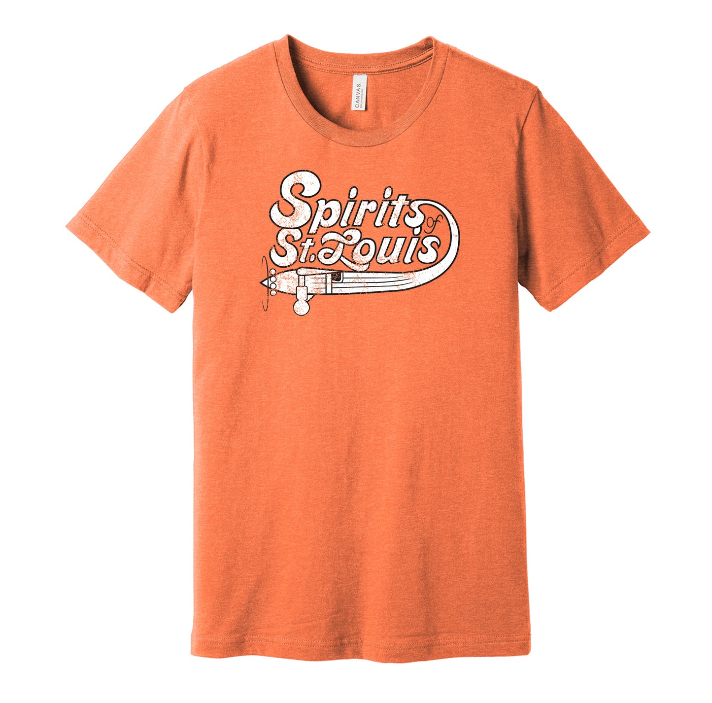 Spirits of St. Louis vintage distressed logo orange t-shirt featuring the classic ABA basketball team logo in a retro worn style by Hyper Than Hype Shirts.
