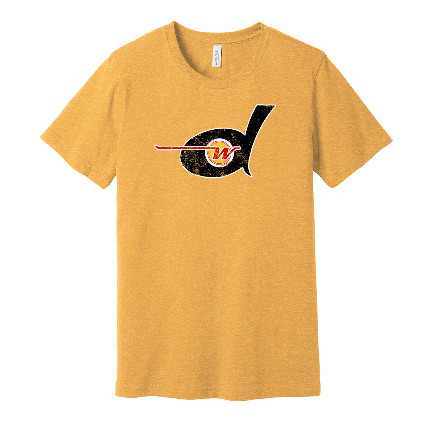 Detroit Wheels vintage distressed logo gold t-shirt featuring the classic 1970s WFL football team logo in a retro worn style by Hyper Than Hype Shirts.