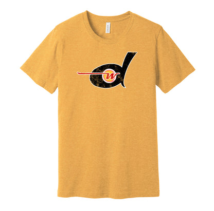 Detroit Wheels vintage distressed logo gold t-shirt featuring the classic 1970s WFL football team logo in a retro worn style by Hyper Than Hype Shirts.