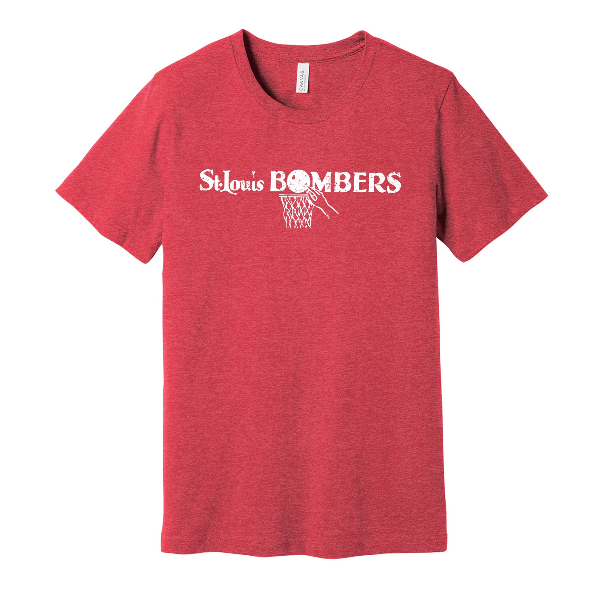 St. Louis Bombers vintage distressed logo red t-shirt featuring the classic 1940s BAA basketball team logo in a retro worn style by Hyper Than Hype Shirts.