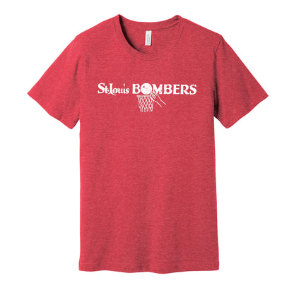 St. Louis Bombers vintage distressed logo red t-shirt featuring the classic 1940s BAA basketball team logo in a retro worn style by Hyper Than Hype Shirts.