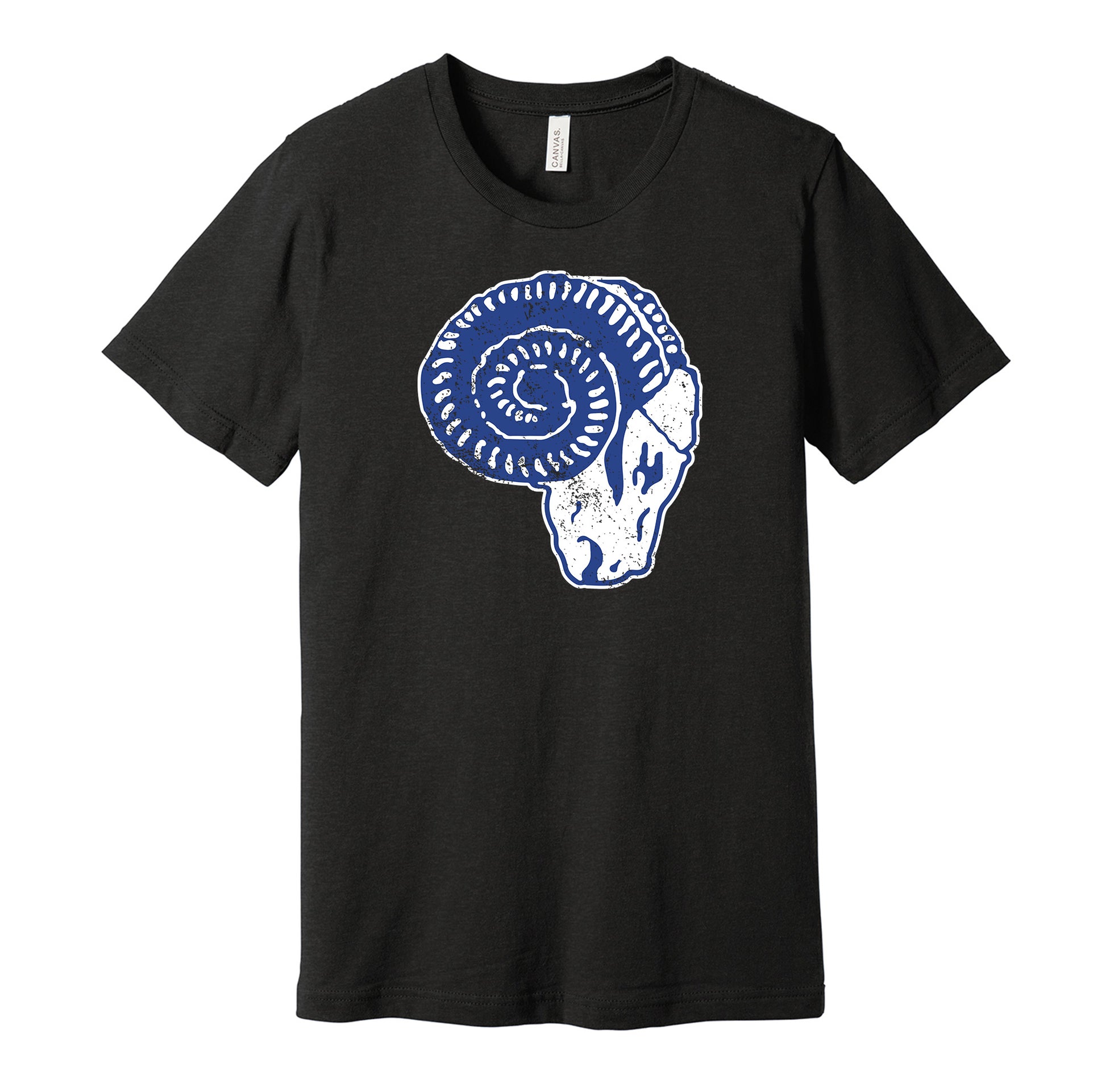 Cleveland Rams vintage distressed logo black t-shirt featuring the classic 1930s NFL football team logo in a retro worn style by Hyper Than Hype Shirts.