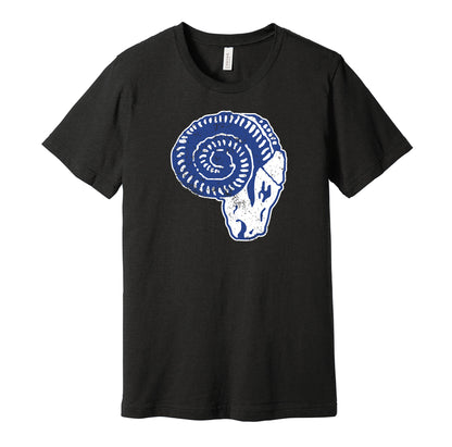 Cleveland Rams vintage distressed logo black t-shirt featuring the classic 1930s NFL football team logo in a retro worn style by Hyper Than Hype Shirts.