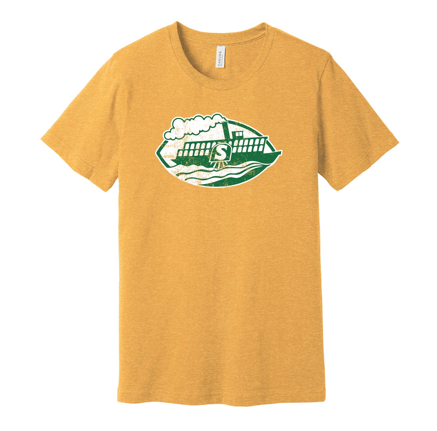 Shreveport Steamer vintage distressed logo gold t-shirt featuring the classic 1970s WFL football team logo in a retro worn style by Hyper Than Hype Shirts.