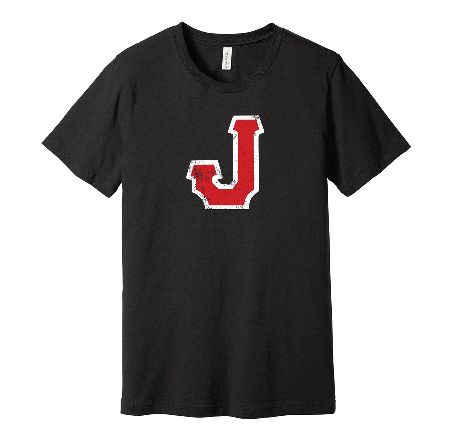Jacksonville Red Caps vintage distressed J logo black t-shirt featuring the classic Negro League baseball team logo in a retro worn style by Hyper Than Hype Shirts.