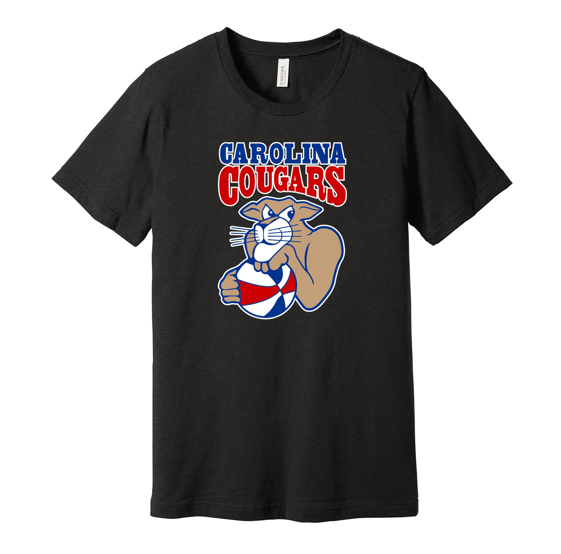 Carolina Cougars vintage distressed logo black t-shirt featuring the classic ABA basketball team logo in a retro worn style by Hyper Than Hype Shirts.