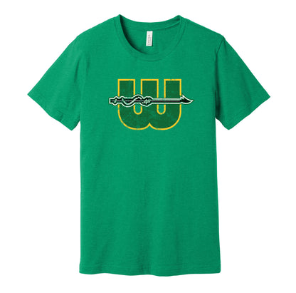 New England Whalers vintage distressed logo green t-shirt featuring the classic WHA hockey team logo in a retro worn style by Hyper Than Hype Shirts.